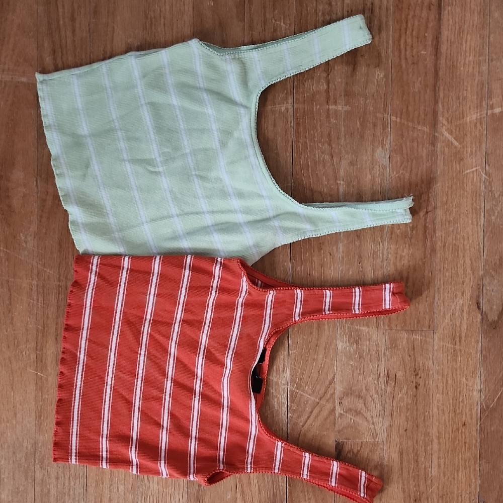 Striped Crop Tank Tops - Green and Orange Small Juniors,
